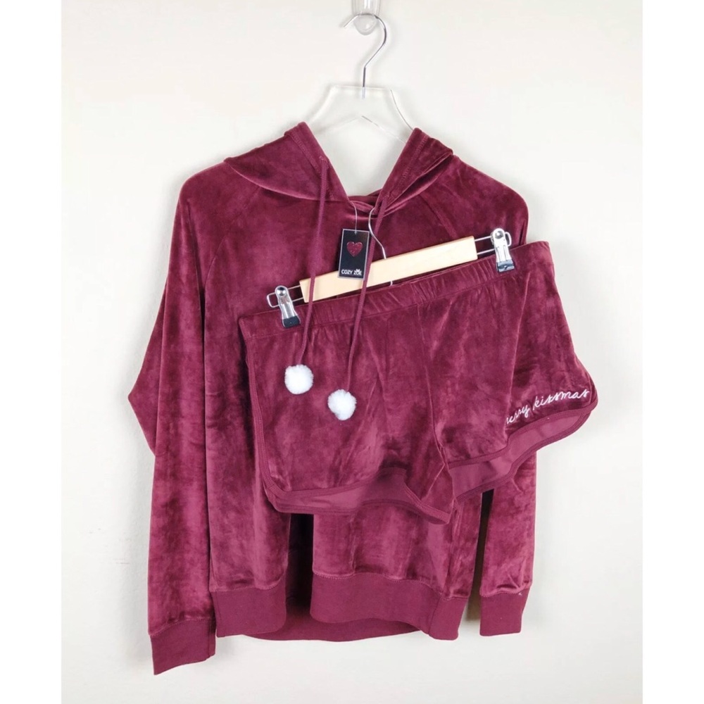 Cozy Zoe Velour Hooded Pajamas Set Burgundy Sz L